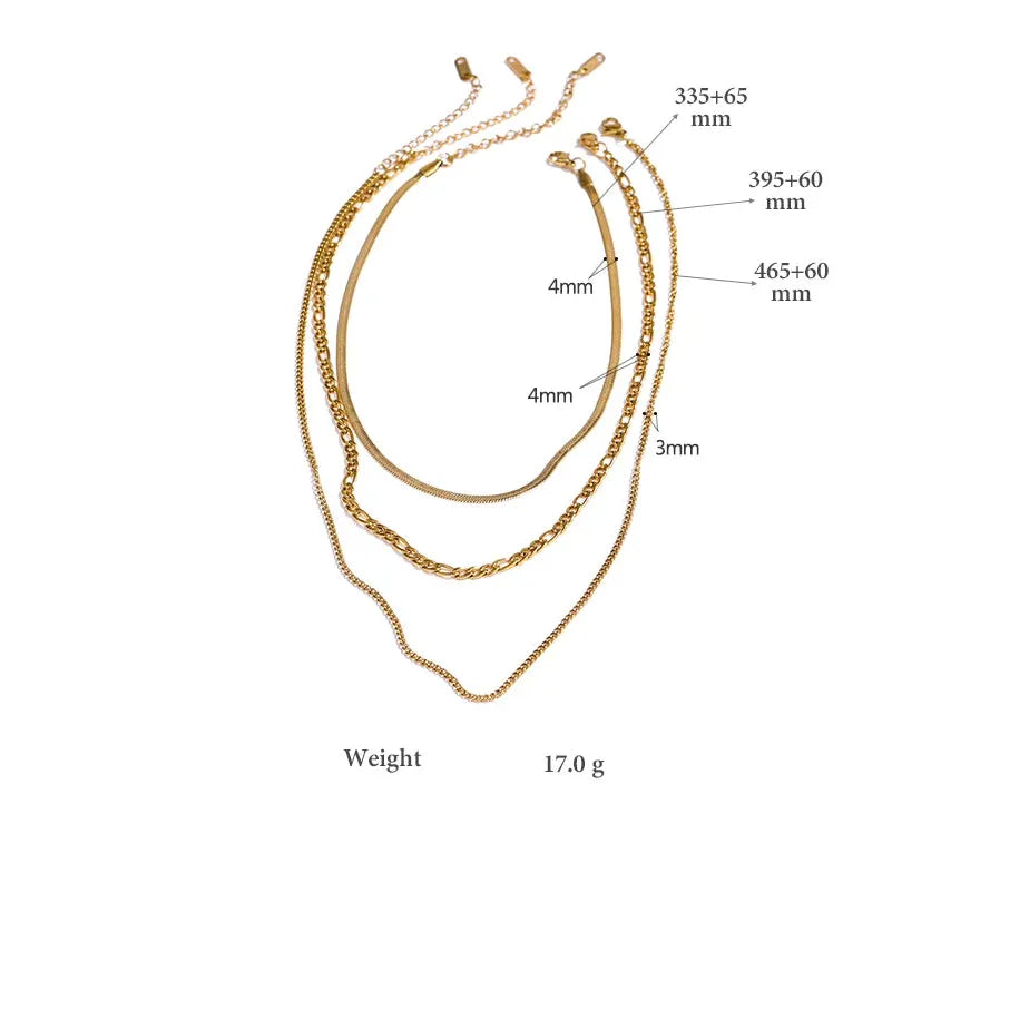 Gold chain necklace with measurements and product details on a white background