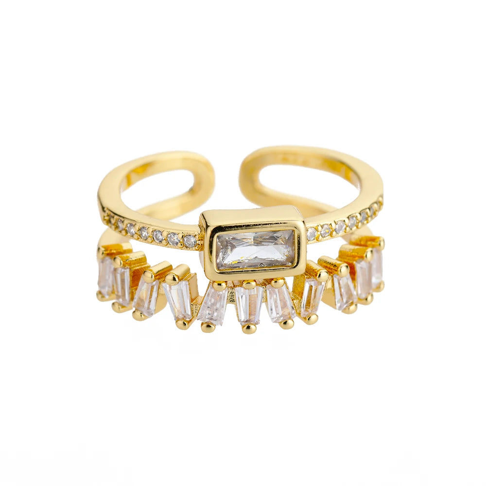 Green Double Layer Zircon Ring – 18K Gold Plated Adjustable Band