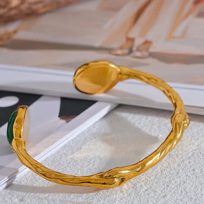 Green Stone Cuff Bracelet – Gold Plated Stainless Steel, Textured 18K Plated Waterproof Jewelry