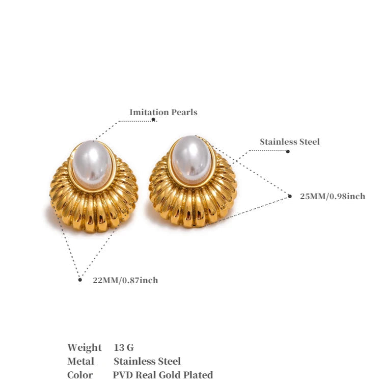 Striped Oval Pearl Stud Earrings – Gold Plated