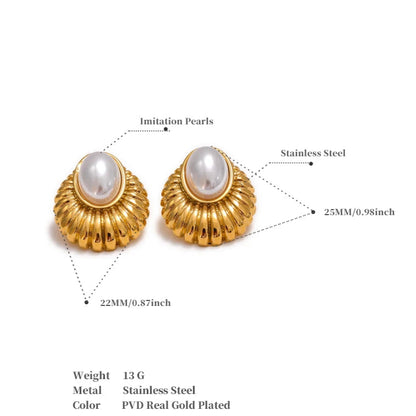 Striped Oval Pearl Stud Earrings – Gold Plated