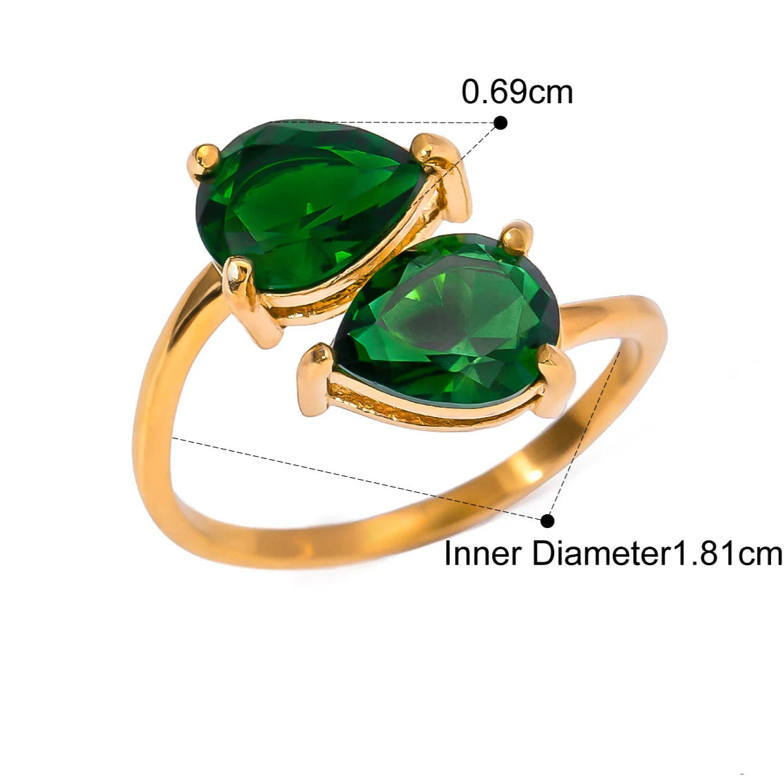 Luxe Jewels Elegant Green Double Teardrop Zirconia Ring – 18K Gold Plated Stainless Steel