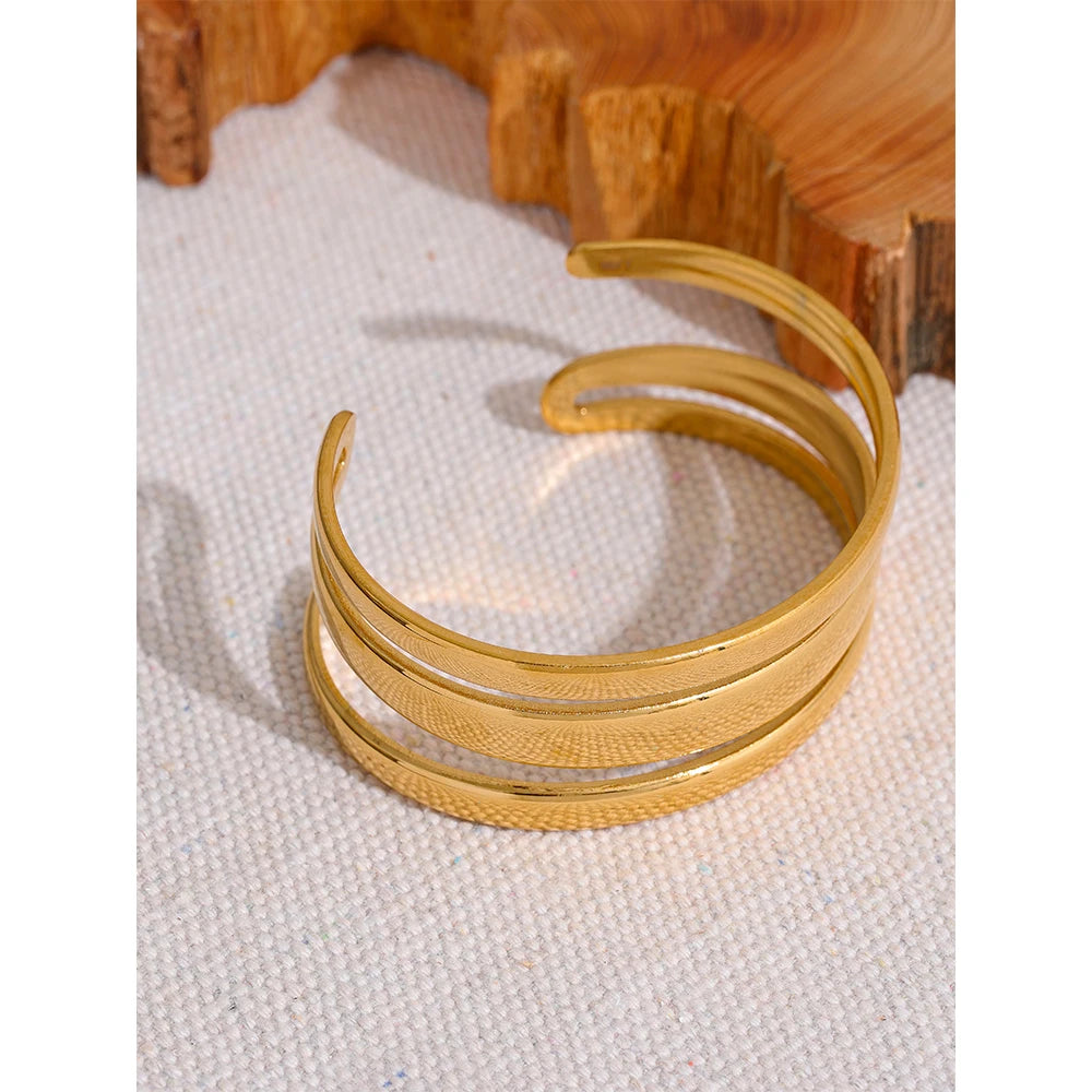 Multi-Layer Textured Cuff – Gold Plated Stainless Steel Statement Bracelet