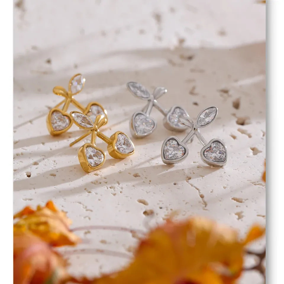 Cute Shiny Cherry Stud Earrings Waterproof Chic Daily Jewelry for Women Stainless Steel PVD Plated Trendy Accessory