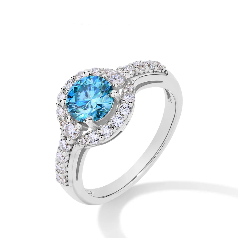 Luxe Jewels 1.0CT Round Cut Blue Moissanite Rings for Women Angel Eye S925 Silver