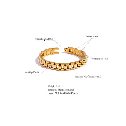 18cm Pearl / Cuban Zirconia Bracelet – 18K Gold Plated Stainless Steel Waterproof Jewellery