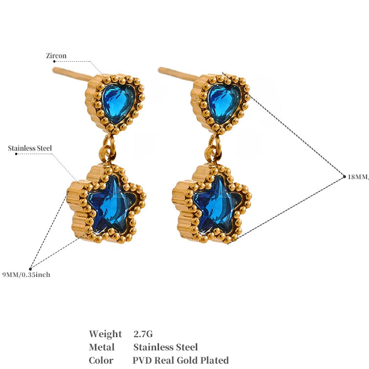 High Quality Blue White Cubic Zirconia Stainless Steel Heart Star Drop Earrings - 18K Gold Plated Jewelry