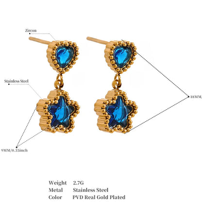 High Quality Blue White Cubic Zirconia Stainless Steel Heart Star Drop Earrings - 18K Gold Plated Jewelry