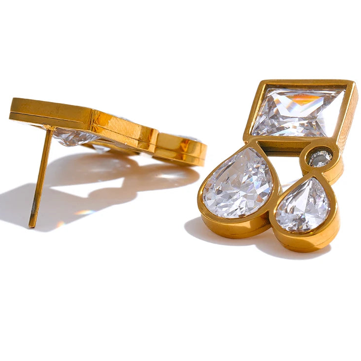 Shiny Cubic Zirconia Square Water Drop Teardrop Stud Earrings 316L Stainless Steel CZ Golden Premium Jewelry