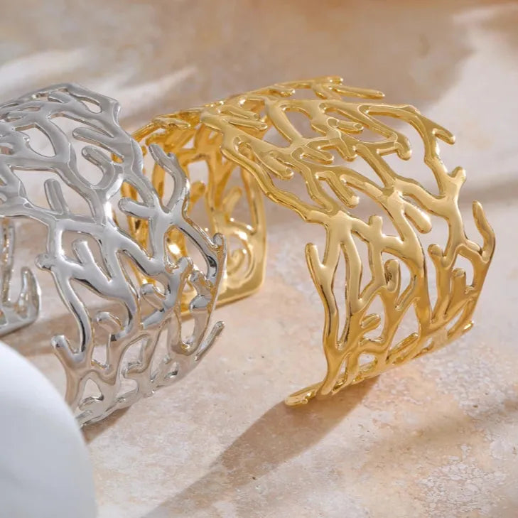 Twig Hollow Wide Cuff – Gold Plated Stainless Steel Statement Bracelet