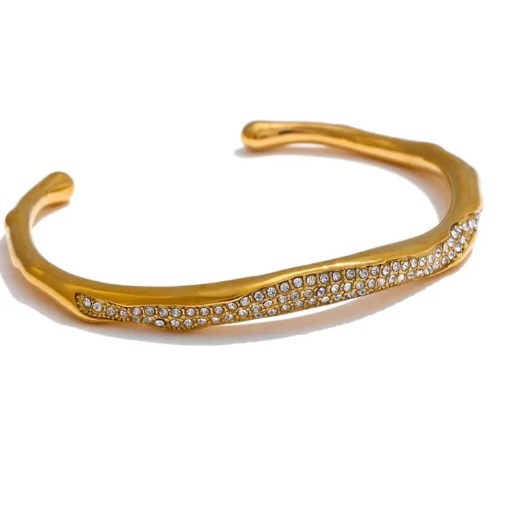 62mm CZ Open Cuff Bracelet – 18K Real Gold Plated Stainless Steel Waterproof Bracaelet