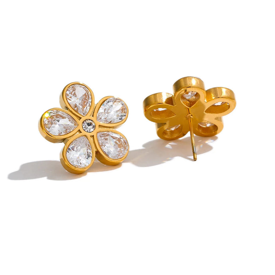 Cubic Zirconia Flower Golden Stud Earrings for Women - 316L Stainless Steel Waterproof Jewellery