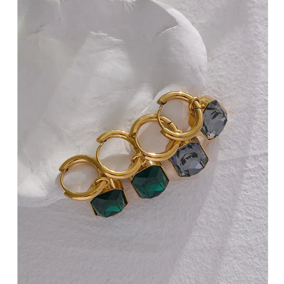 Stainless Steel Cubic Zirconia Drop Dangle Charms Trendy Earrings 18k-gold-plated Green Square Earring Jewelry