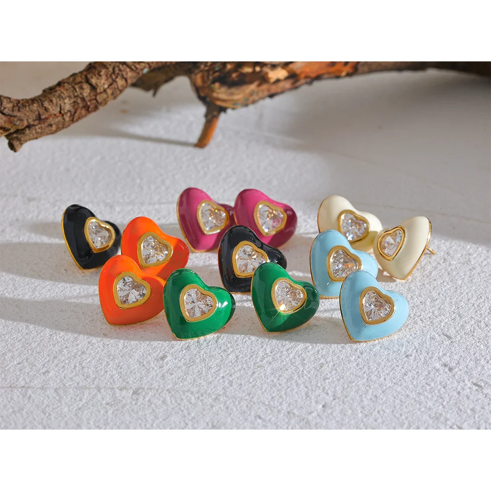 Elegant Colorful Heart Enamel Stud Earrings with CZ – Chic Jewelry