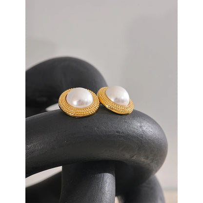 Korean Imitation Pearls Round Stud Earrings Hypoallergenic Elegant Classic Daily Fashion Gold & Platinum PVD Plated Jewelry