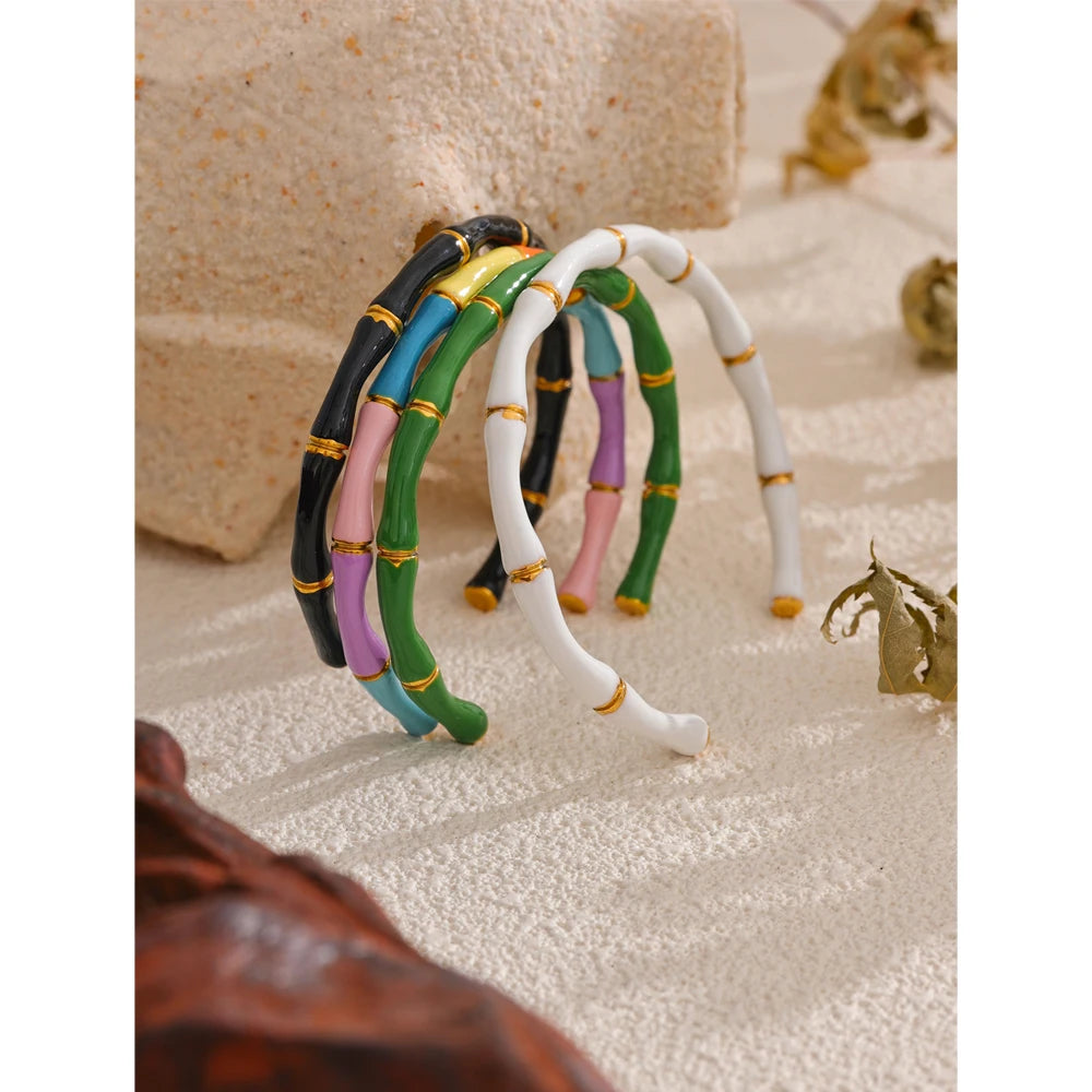 Colorful Enamel Bamboo Cuff – Gold Plated Stainless Steel