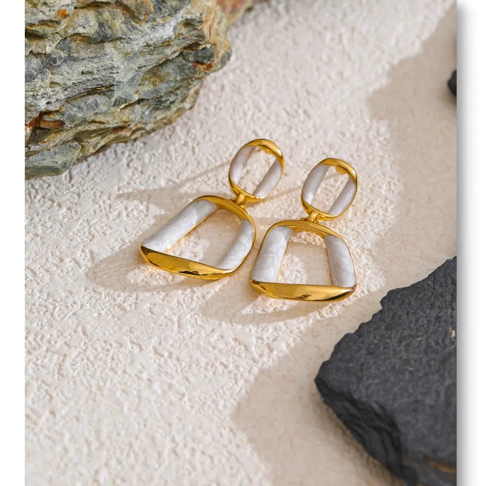 Trendy Stainless Steel White Enamel Rectangular Hollow Drop Earrings 18K Gold Color Plated Jewelry
