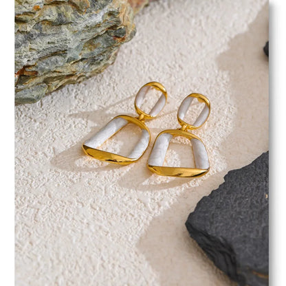 Trendy Stainless Steel White Enamel Rectangular Hollow Drop Earrings 18K Gold Color Plated Jewelry