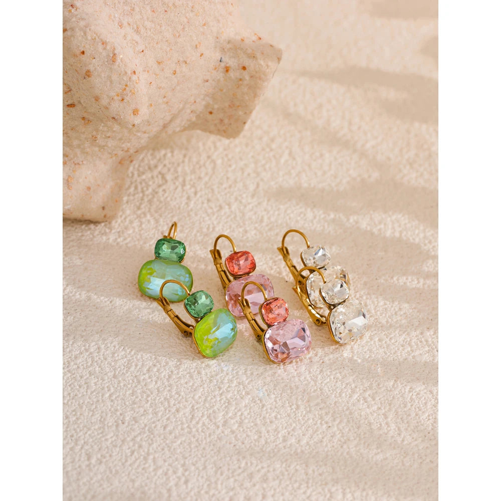 Crystal Stud Earrings French Hoops Trendy White Green Pink Jewelry for Women 18k PVD Plated