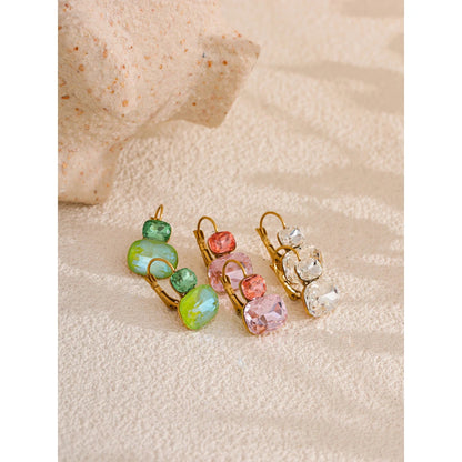 Crystal Stud Earrings French Hoops Trendy White Green Pink Jewelry for Women 18k PVD Plated