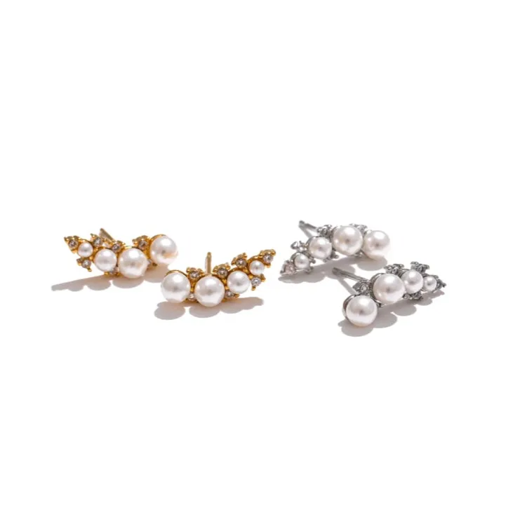Tarnish-Free Gold Stud Earrings with Pearls & Cubic Zirconia – Elegant Jewelry