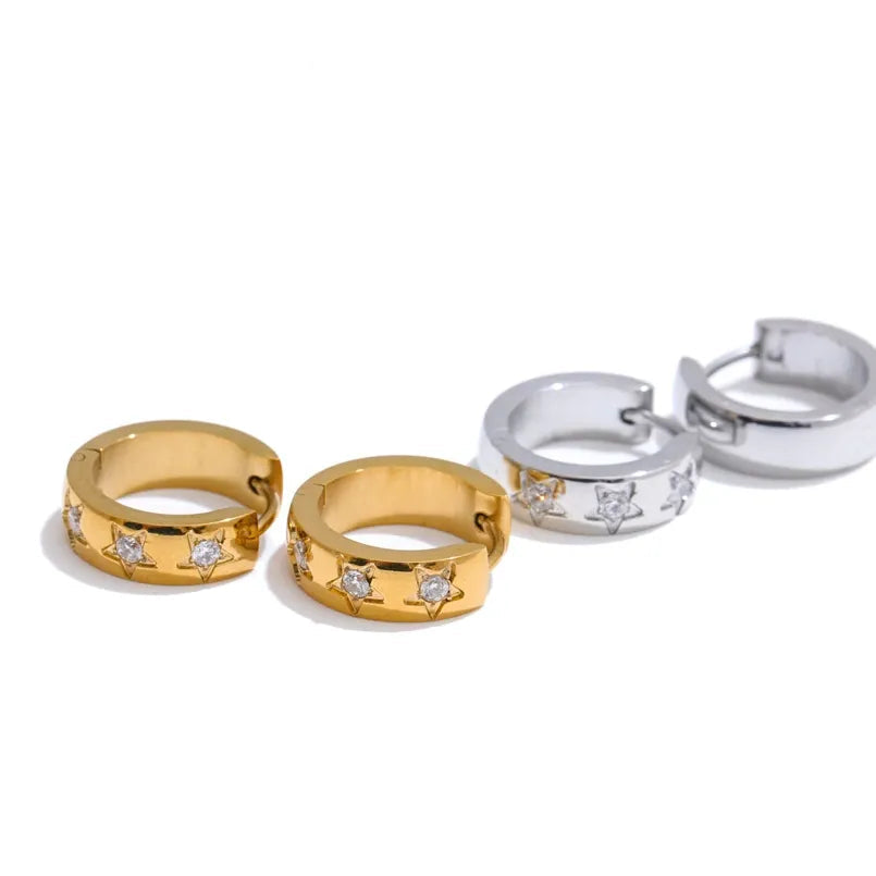 16mm Zirconia Star Round Daily Hoop Earrings for Women Hypoallergenic Stainless Steel High Quality Chic Jewelry