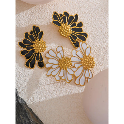 Floral Big White Black Enamel - Fashion Stud Earrings 18K Gold Color PVD Plated Stainless Steel Jewelry