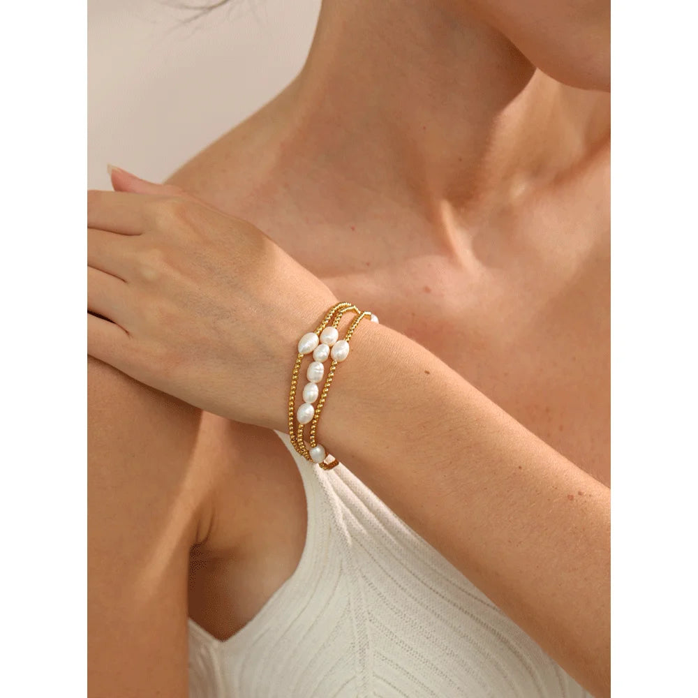 Freshwater Pearl & Bead Bracelet – Gold Plated Stainless Steel, Handmade