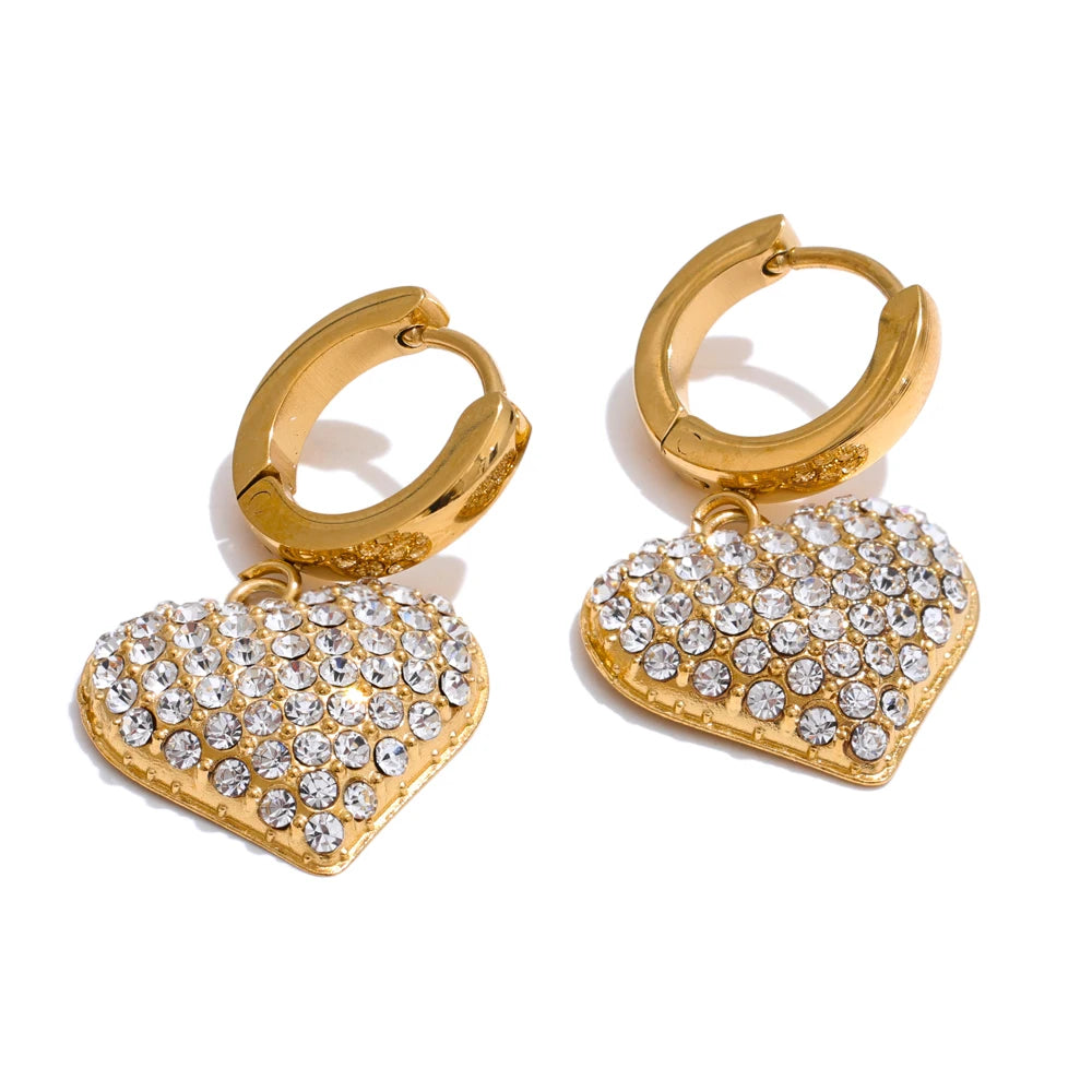 Cubic Zirconia Heart Drop Earrings - 18K Gold Plated Stainless Steel Classic Romantic Daily Wear Jewelry Waterproof