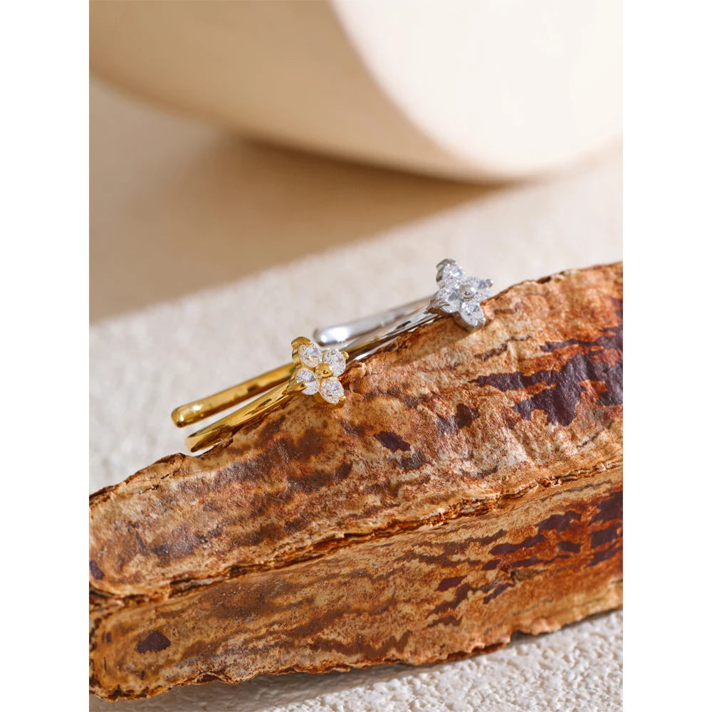 Luxe Jewels Stainless Steel Zirconia Flower Adjustable Ring – PVD Gold Plated Jewelry