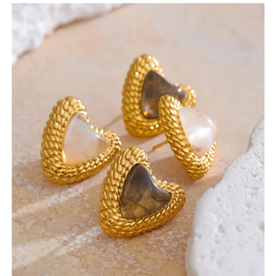 Stainless Steel Resin Heart Love Golden Stud Earrings Daily Wear Trendy Jewelry