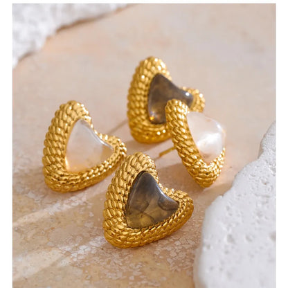 Stainless Steel Resin Heart Love Golden Stud Earrings Daily Wear Trendy Jewelry
