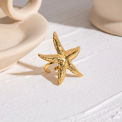 18K Gold Plated Starfish Ring in Gold Color Summer Beach Adjustable Ring