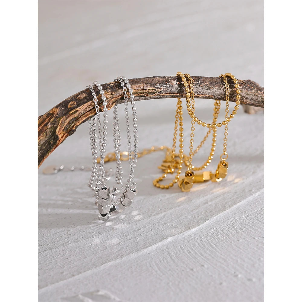 Layered Square Bead Anklet – Gold Plated Stainless Steel, Waterproof