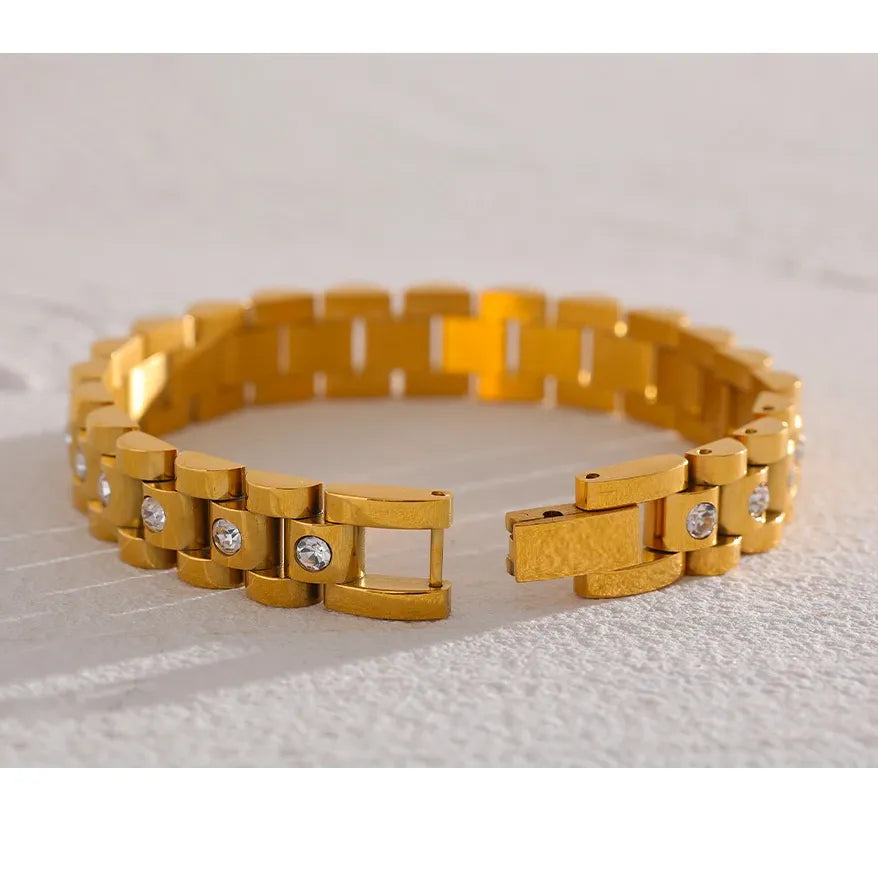 18cm Pearl / Cuban Zirconia Bracelet – 18K Gold Plated Stainless Steel Waterproof Jewellery