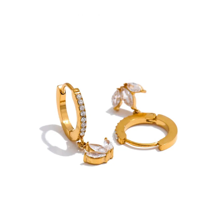 Waterproof Cubic Zirconia Flower Drop Hoop Earrings Hypoallergenic Stainless Steel Gold Color Daily Wear Fashion Jewelry