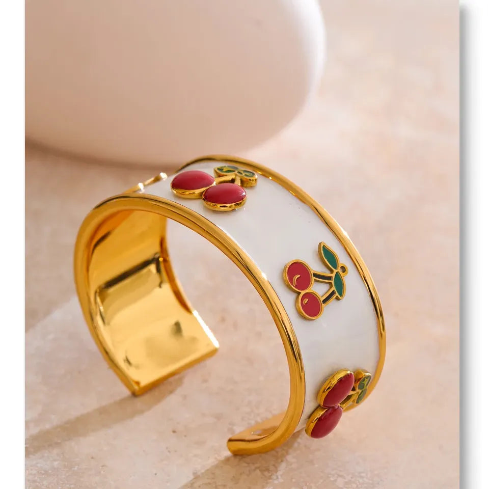 18K Gold Plated 64mm Stainless Steel White Enamel Cherry Cuff Bracelet - Jewelry Gift Ideas