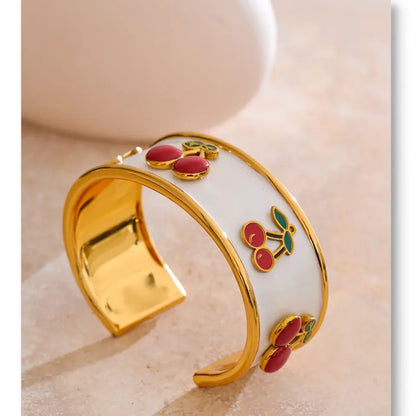 18K Gold Plated 64mm Stainless Steel White Enamel Cherry Cuff Bracelet - Jewelry Gift Ideas