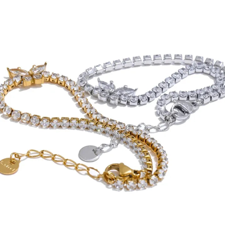 3MM Butterfly Zirconia Tennis Bracelet – Gold/Silver Stainless Steel, Delicate & Bling