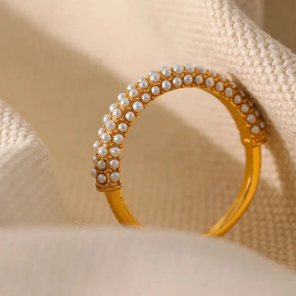 Luxe Jewels Elegant Pearls Stainless Steel Ring - 18K Gold Plated Jewelry