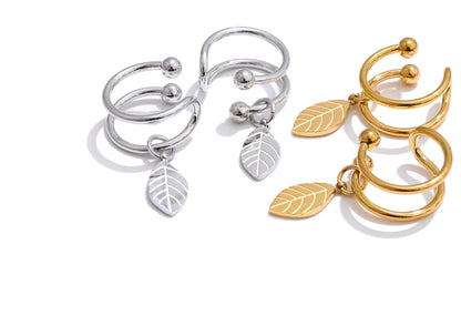 Luxe Jewels 18K Gold Plated Trendy Stainless Steel Double Layer Leaf Drop Ear Clip - No Piercing Earrings for Women