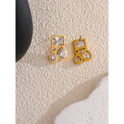 Shiny Cubic Zirconia Square Water Drop Teardrop Stud Earrings 316L Stainless Steel CZ Golden Premium Jewelry