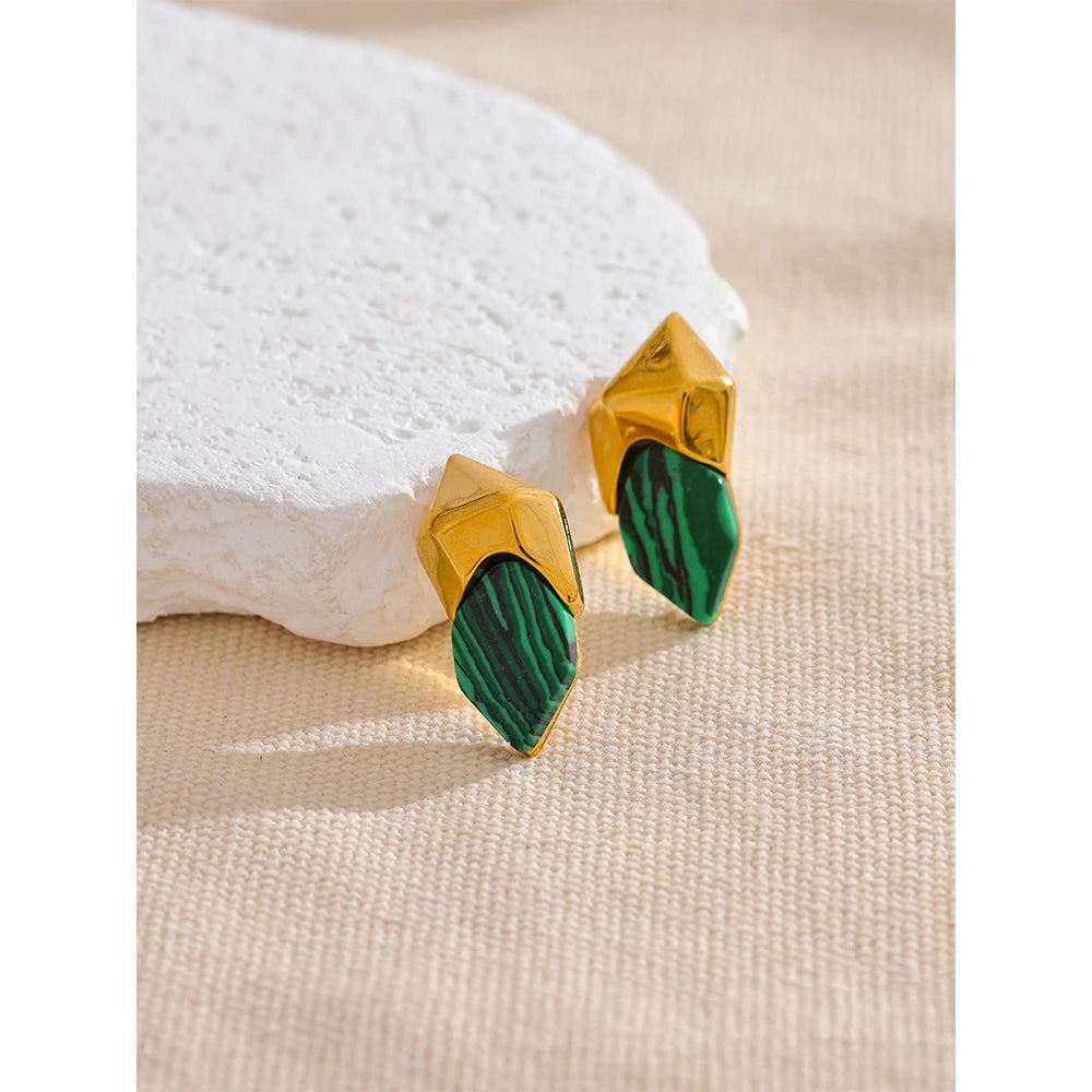 Gold Plated Green Malachite Geometric Earrings – Tarnish Resistant Studs