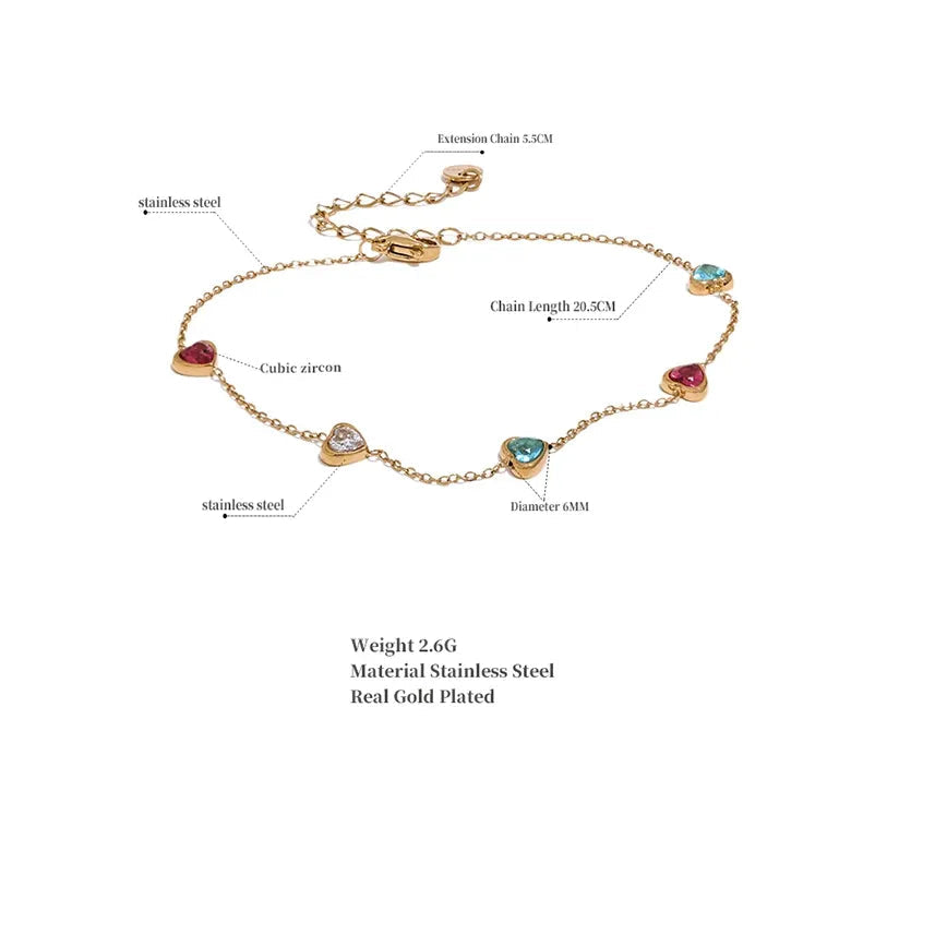 Colorful Heart Zircon Anklet – Gold Plated Stainless Steel