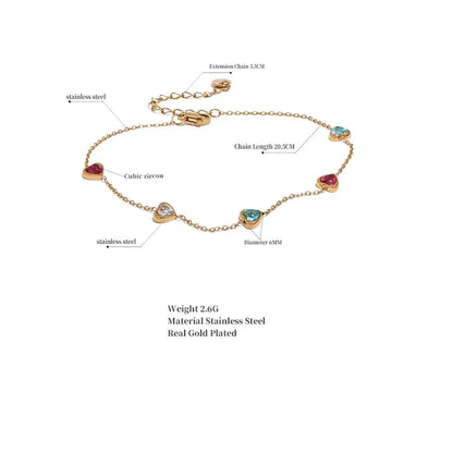Colorful Heart Zircon Anklet – Gold Plated Stainless Steel