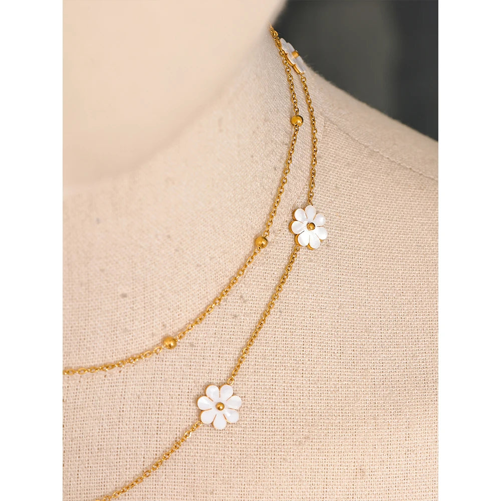 Double Layer Shell Flower Necklace & Anklet – Gold-Plated Plant Charm Jewelry