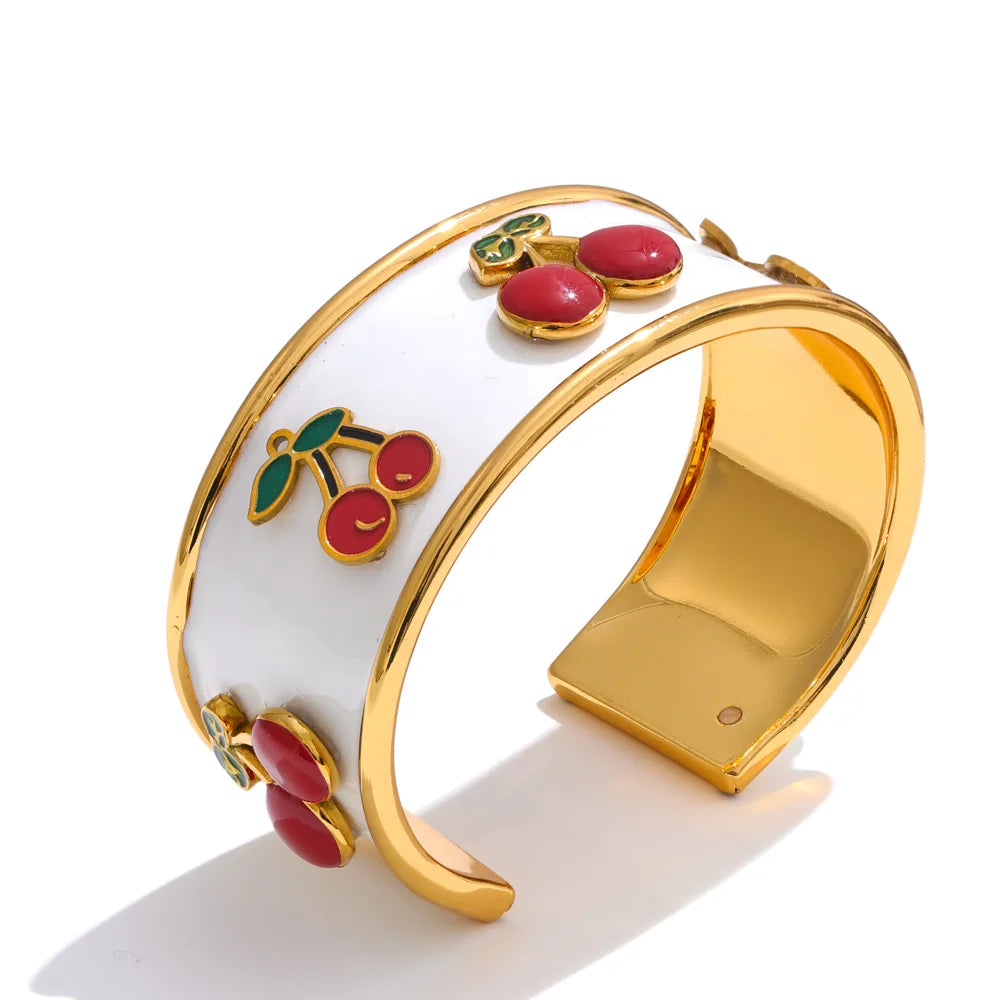18K Gold Plated 64mm Stainless Steel White Enamel Cherry Cuff Bracelet - Jewelry Gift Ideas