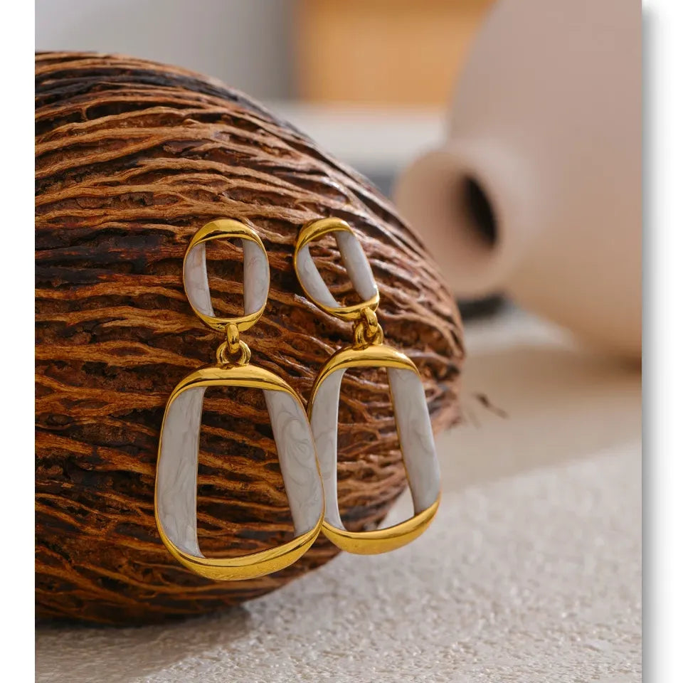 Trendy Stainless Steel White Enamel Rectangular Hollow Drop Earrings 18K Gold Color Plated Jewelry