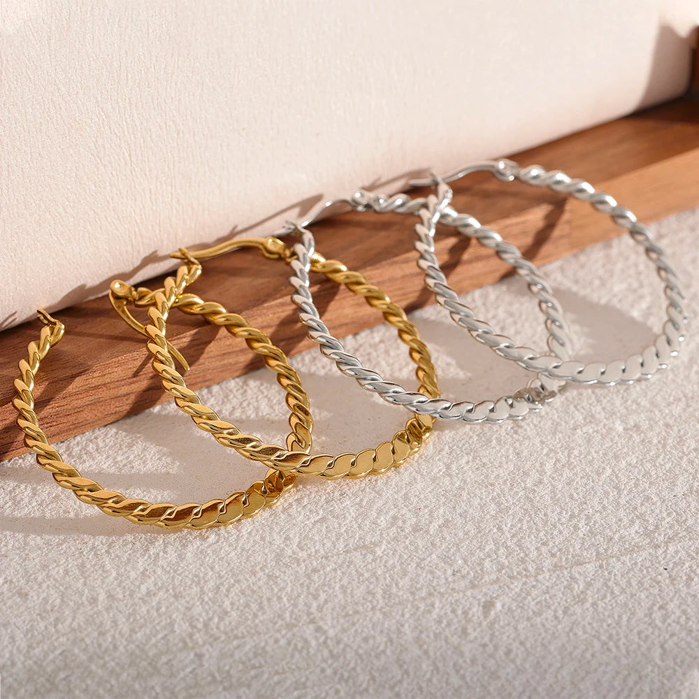 Stainless Steel Twist Golden Big Hoop Earrings Waterproof Metal Unique Trendy Jewelry