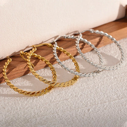 Stainless Steel Twist Golden Big Hoop Earrings Waterproof Metal Unique Trendy Jewelry